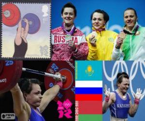 Puzle Ženy 75 kg vzpírání pódium, Světlana Podobedova (Kazachstán), Natalia Zabolotnaya (Rusko) a Irina Kulesha (Bělorusko) - London 2012-