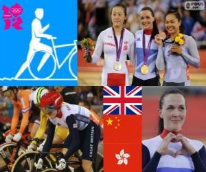 Puzle Ženy Keirin sledovat cyklistické pódium, Victoria Pendleton (Velká Británie), Guo Shuang (Čína) a Lee Wai-Sze (Hong Kong) - London 2012-
